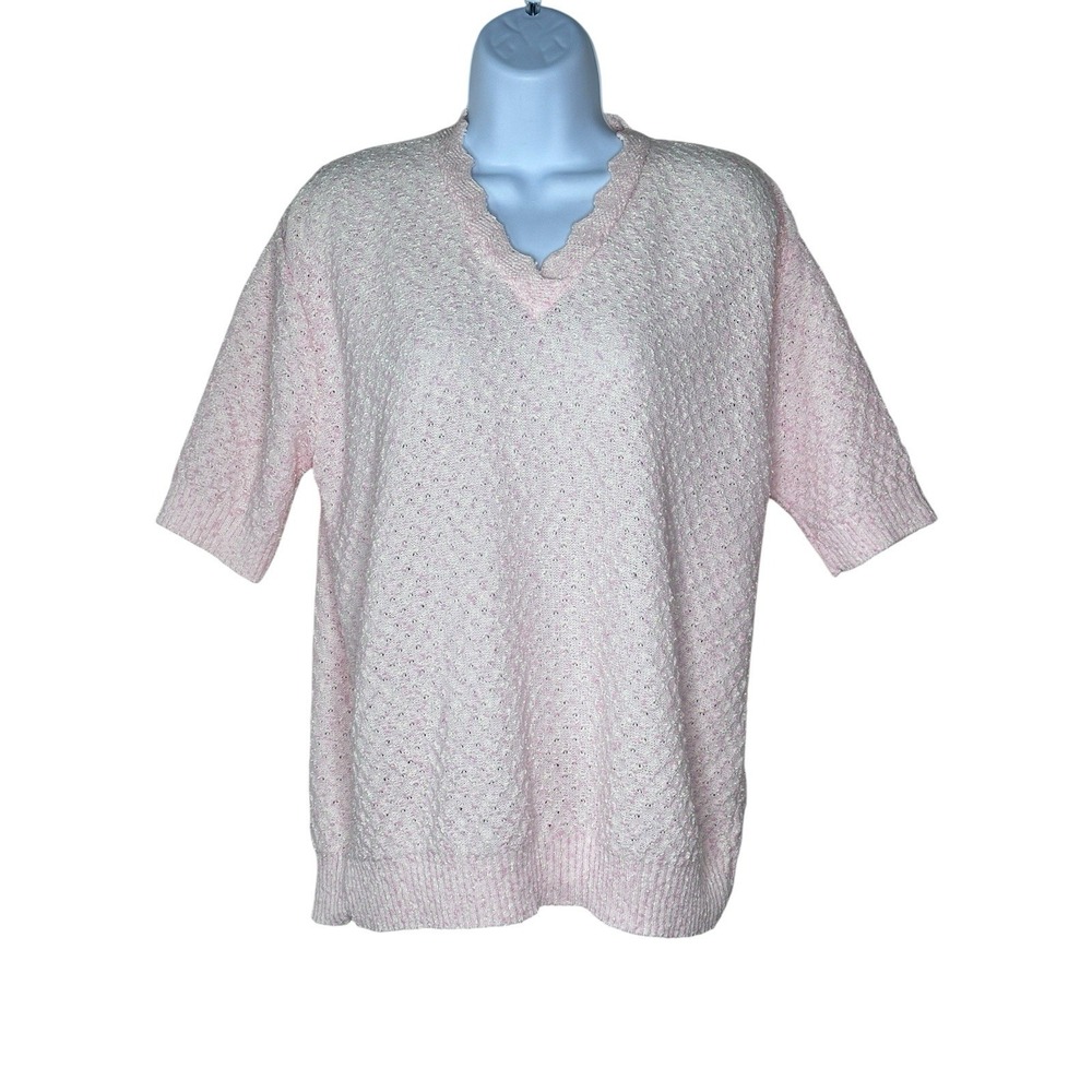 Vintage 80s Alicia Boucle Sweater Grandma Cottage Medium Large Pink Cream V-Neck